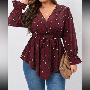 Plus size burgundy flounce sleeve belted blouse